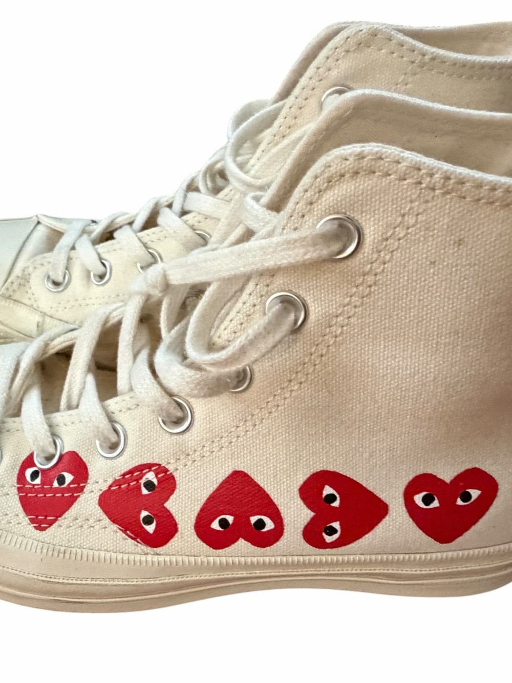 Comme des Garcons PLAY Cream Canvas High-Top Sneakers with Red Heart Motifs
